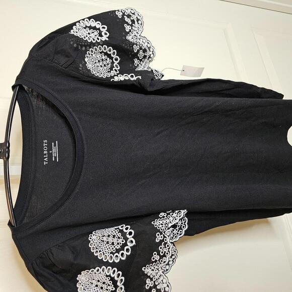 Talbots Black T-Shirt with Embroidered Sleeves - Picture 3 of 6